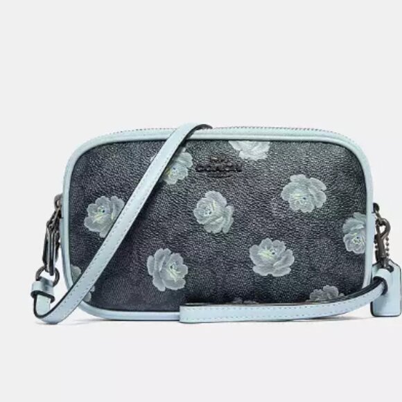 Coach Handbags - EUC Coach Black Leather Crossbody with Light Blue Floral Print